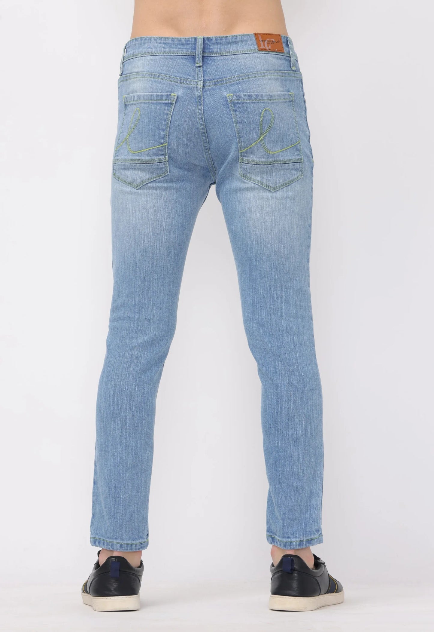 Indigo light wash with neon green thread Ankle fit Jeans