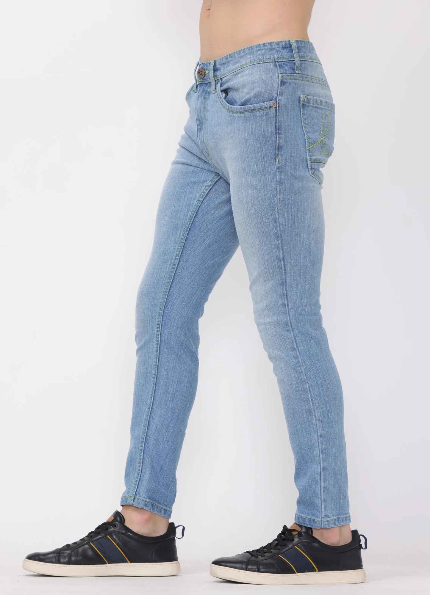 Indigo light wash with neon green thread Ankle fit Jeans