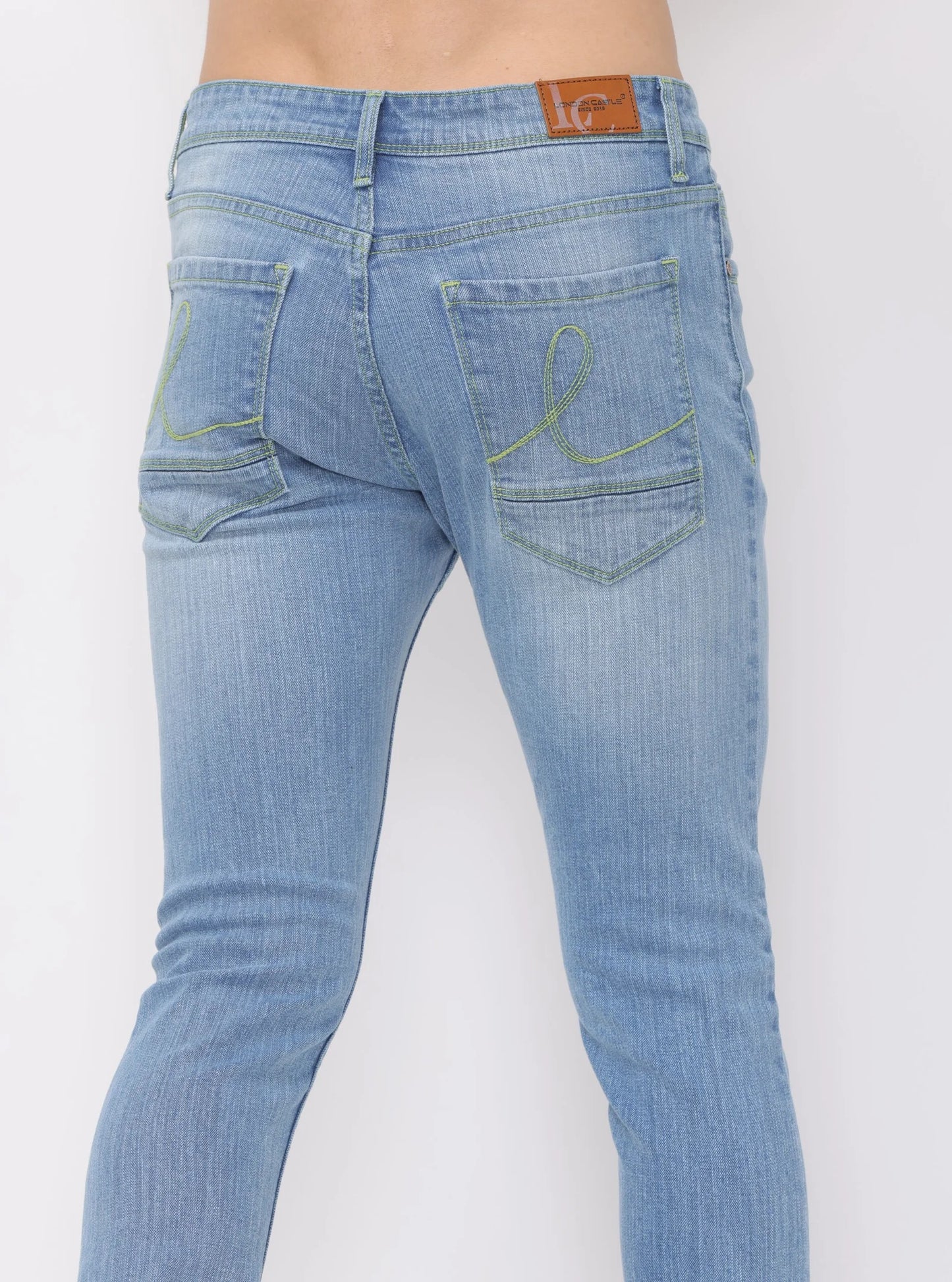 Indigo light wash with neon green thread Ankle fit Jeans