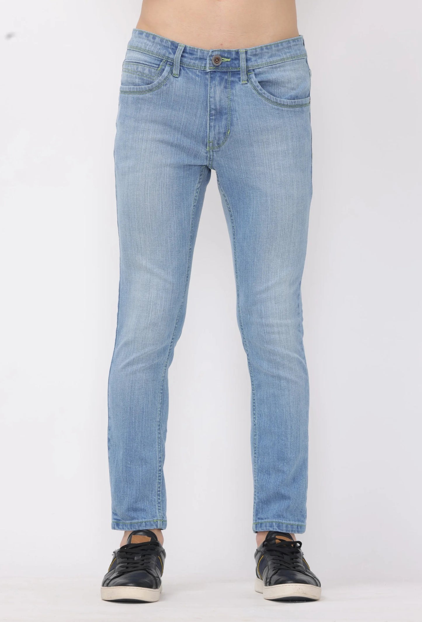 Indigo light wash with neon green thread Ankle fit Jeans